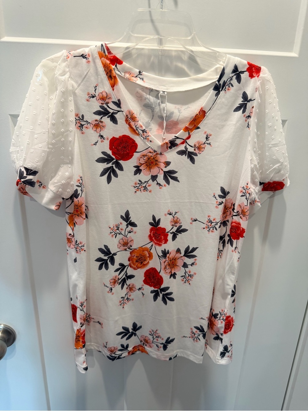 NWT Aokosor Floral V Neck Swiss Dot Sleeve Blouse White Red Peach medium